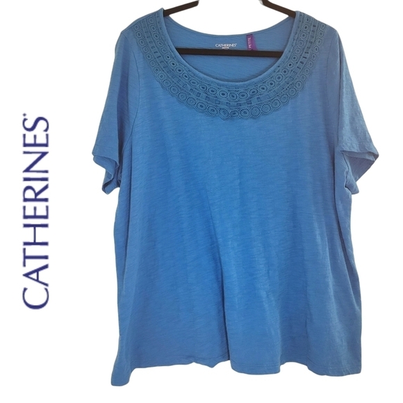 Catherine's Plus Petite Slub Knit Crochet Teal Tee•1XWP NWOT - Picture 1 of 6